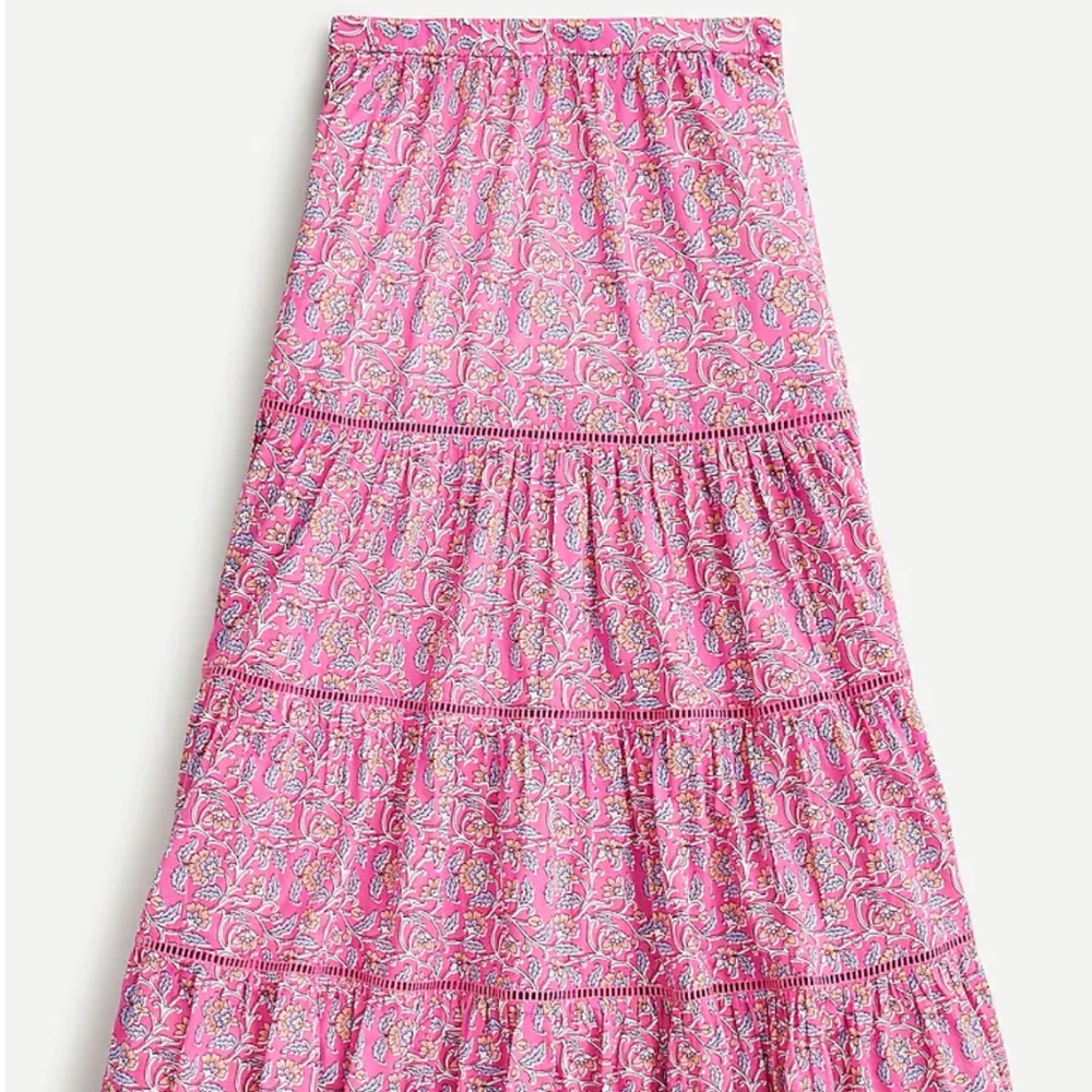 NWT J. Crew Tiered midi skirt in pink vines block print